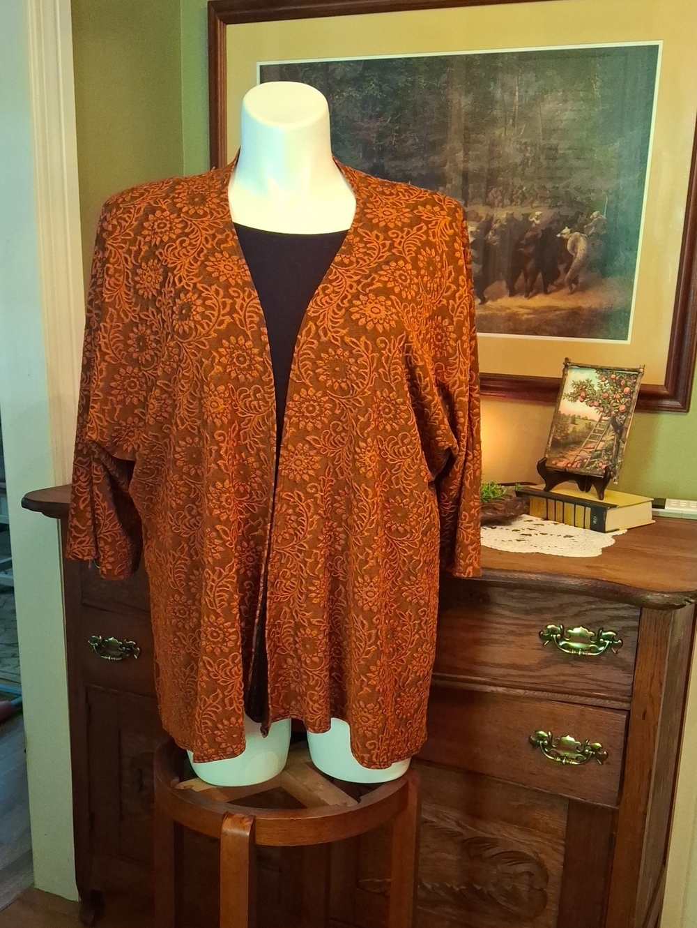LuLaRoe Art To Wear Burnt Orange Floral Open-Front Lindsay Cardigan